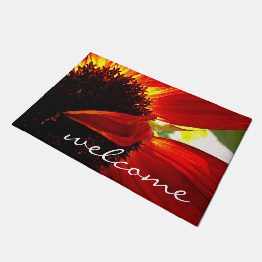 Paillasson Moderne Rouge Gerber Daisy Photo Script de bienven (Incliné)