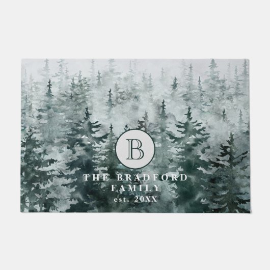 Paillasson Moderne Russe Hiver Green Forest Famille Monogramm (Devant)