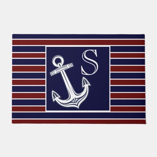 Paillasson Monogramme Ancre marine Bleu Maroon rayures (Devant)