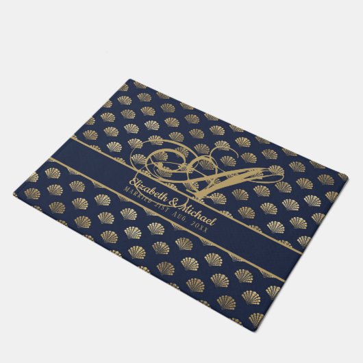 Paillasson Monogramme ART Déco Marine Blue Gold Shells Newlyw (Incliné)