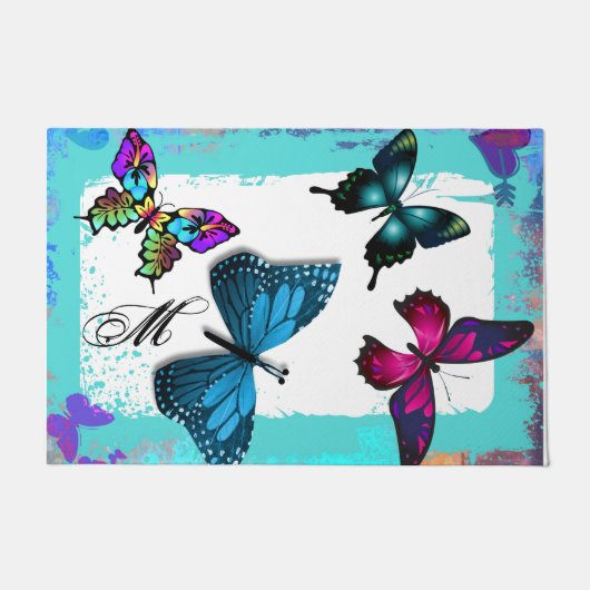 Paillasson Monogramme avec des papillons Aqua Morpho Realm (Devant)