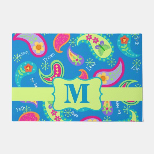 Paillasson Monogramme bleu turquoise Paisley Motif moderne (Devant)