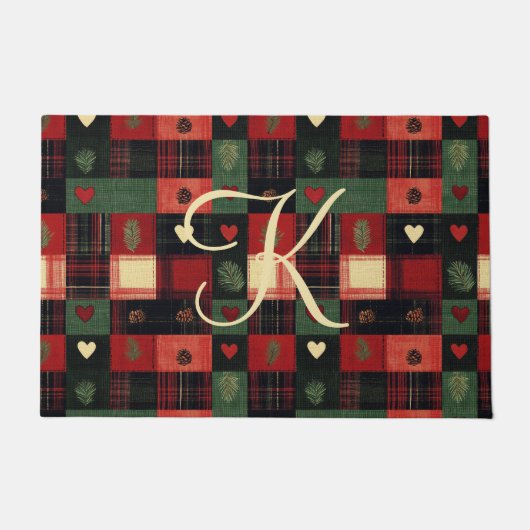 Paillasson Monogramme Campagne Rustique Rouge Vert Carreaux C (Devant)