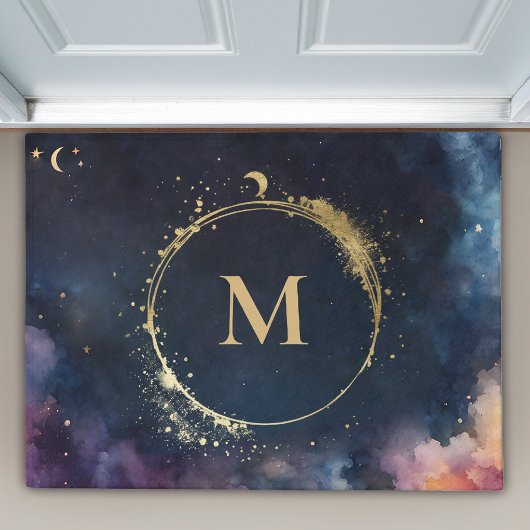 Paillasson Monogramme céleste Blue Gold Galaxy Sky Planètes