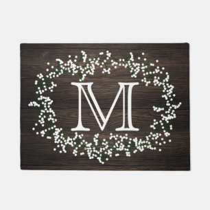 Paillasson Monogramme couronne florale et effet bois rustique