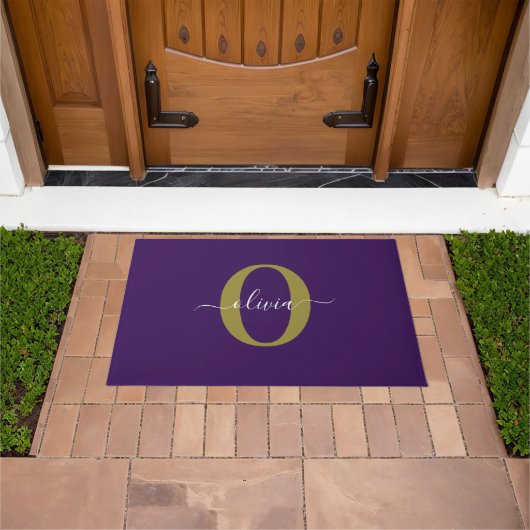 Paillasson Monogramme customisé Nom du script Purple White Go (De plein air)