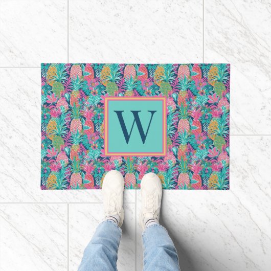Paillasson Monogramme d'ananas bleu Preppy Rose Turquoise Nav (Intérieur)