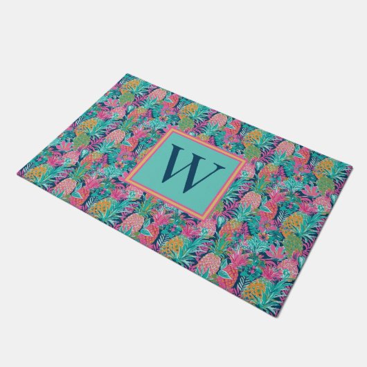 Paillasson Monogramme d'ananas bleu Preppy Rose Turquoise Nav (Incliné)
