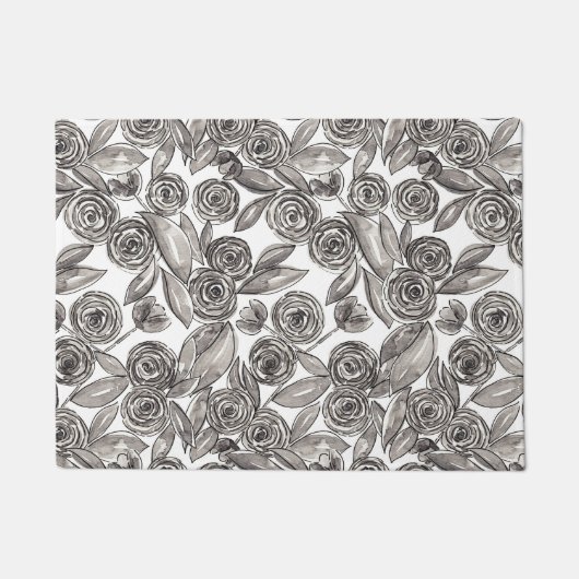 Paillasson Monogramme d'aquarelle florale noir moderne (Devant)