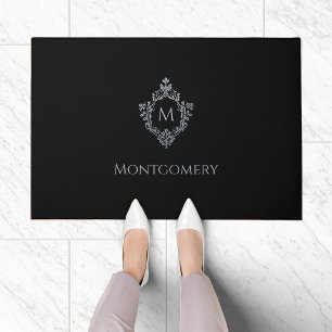 Paillasson Monogramme de crête Noir Élégant Faux Argent Vinta