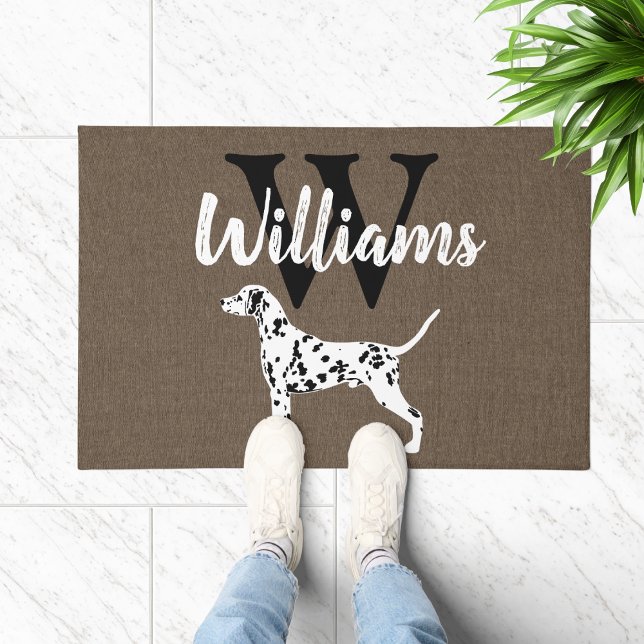 Paillasson Monogramme de race de chien dalmate Nom (Dalmatian Rustic Monogram Doormat Welcome Mat)