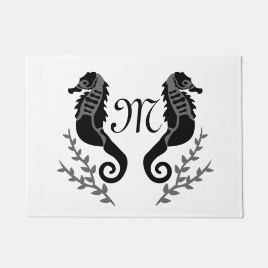 Paillasson Monogramme de silhouette de cheval de mer noir (Devant)