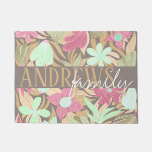 Paillasson Monogramme d'illustration de fleurs d'olivier rose