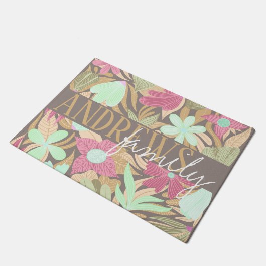 Paillasson Monogramme d'illustration de fleurs d'olivier rose (Incliné)