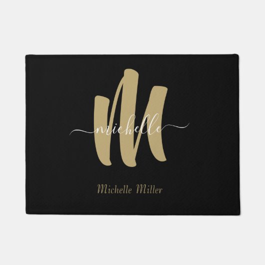 Paillasson monogramme d'or noir moderne nom commercial initia (Devant)