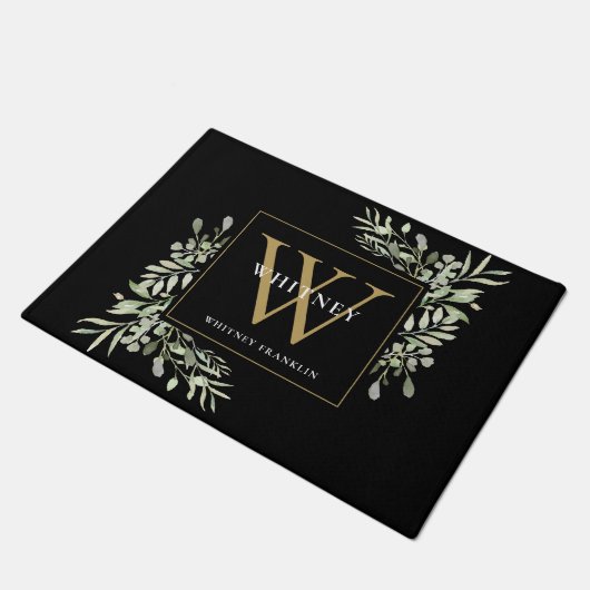Paillasson Monogramme d'or noir personnalisé Vert Floral (Incliné)