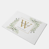 Paillasson Monogramme d'or personnalisé Vert floral (Incliné)