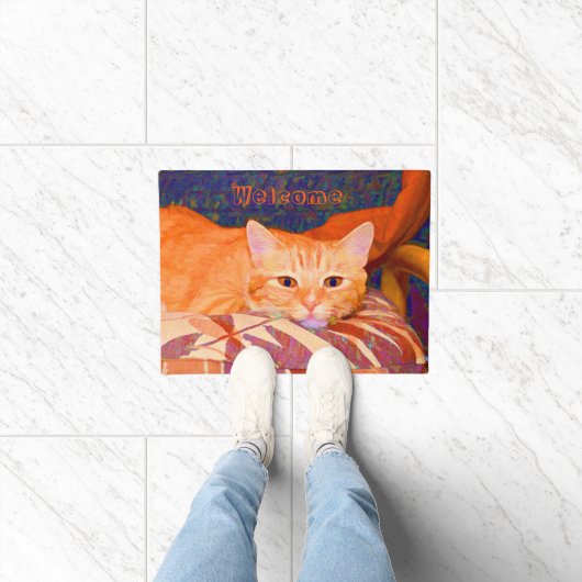 Paillasson Monogramme Drôle mignon Bright Orange Tabby Chat (Intérieur)