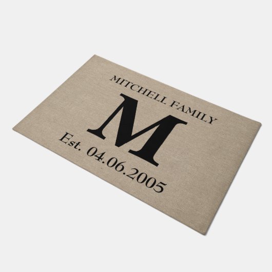 Paillasson Monogramme faux lin burlap rustique mariage initia (Incliné)