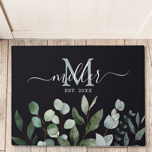 Paillasson Monogramme feuilles de verdure d'eucalyptus vert s