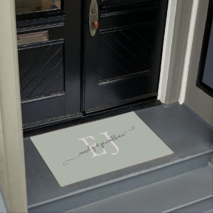 Paillasson Monogramme Initiales Couples Noms Sage Vert