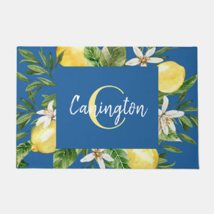 Paillasson Monogramme méditerranéen bleu et citron Nom Nouvea
