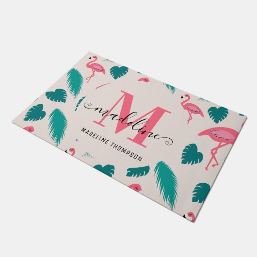 Paillasson Monogramme moderne Feuilles tropicaux Flamant rose (Incliné)