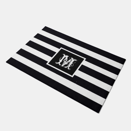 Paillasson Monogramme moderne Initiale Elégante Noir Blanc (Incliné)