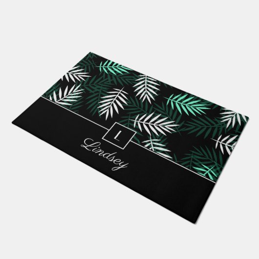 Paillasson Monogramme moderne Motif Feuille vert (Incliné)