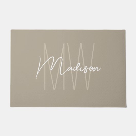 Paillasson Monogramme moderne Nom Script Beige (Devant)