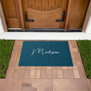 Paillasson Monogramme Moderne Nom Script Bleu