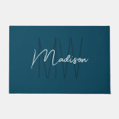 Paillasson Monogramme Moderne Nom Script Bleu (Devant)