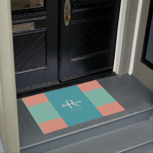 Paillasson Monogramme moderne Turquoise, bleu et rose