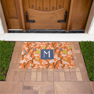 Paillasson Monogramme orangé et bleu de la Chinoiserie Oiseau