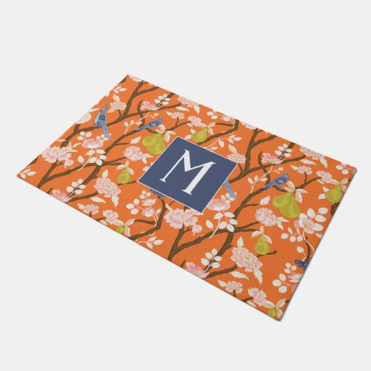 Paillasson Monogramme orangé et bleu de la Chinoiserie Oiseau (Incliné)