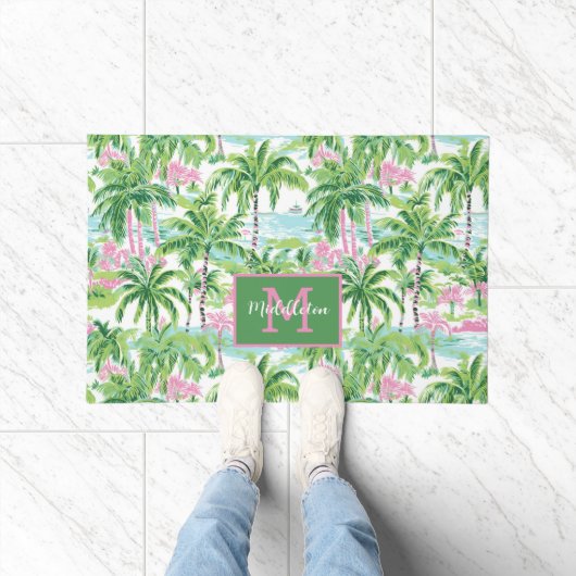 Paillasson Monogramme Palmiers Tropicaux Rose et Vert Prépa (Intérieur)