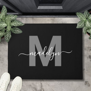 Paillasson Monogramme personnalisé élégant noir et blanc nom 