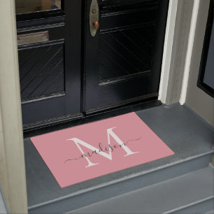 Paillasson Monogramme personnalisé gris rose fusée Nom du scr