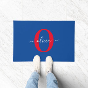 Paillasson Monogramme personnalisé Nom du script Bleu Blanc R