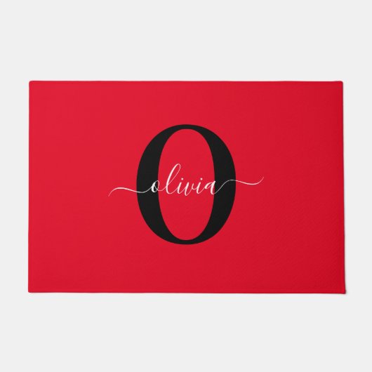 Paillasson Monogramme personnalisé Nom du script Rouge Noir B (Devant)