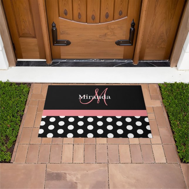 Paillasson Monogramme rose noir noir Polka Doormat (De plein air)