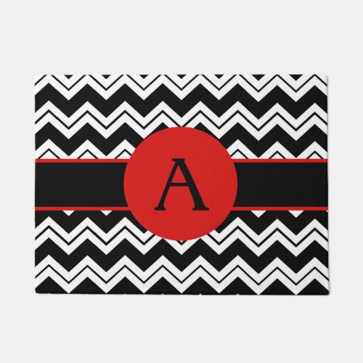 Paillasson Monogramme rouge initial noir blanc Chevron ZigZag (Devant)