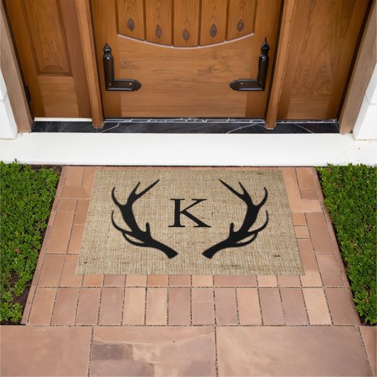 Paillasson Monogramme Rustique Deer Antler Faux Burlap (De plein air)