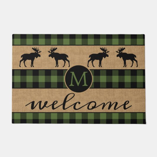 Paillasson Moose On Green Black Buffalo Check Plaid Motif (Devant)