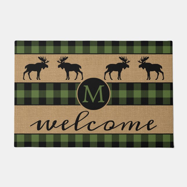 Paillasson Moose On Green Black Buffalo Check Plaid Motif (Devant)