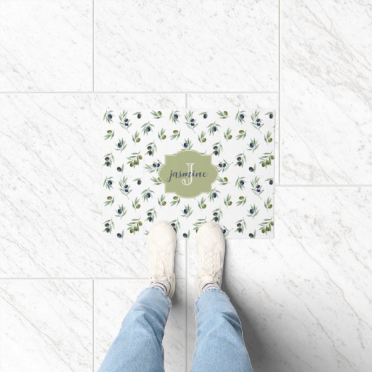 Paillasson Motif chic aquarelle Monogramme Nom Vert olive (Intérieur)