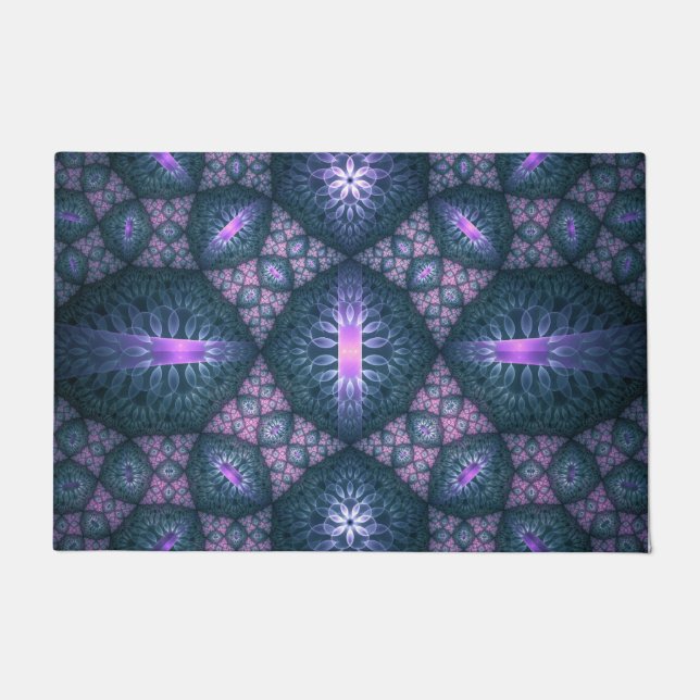 Paillasson motif d'art fractal 3D Turquoise violet rose (Devant)