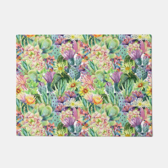 Paillasson Motif de cactus d'aquarelle en fleurs exotiques (Devant)