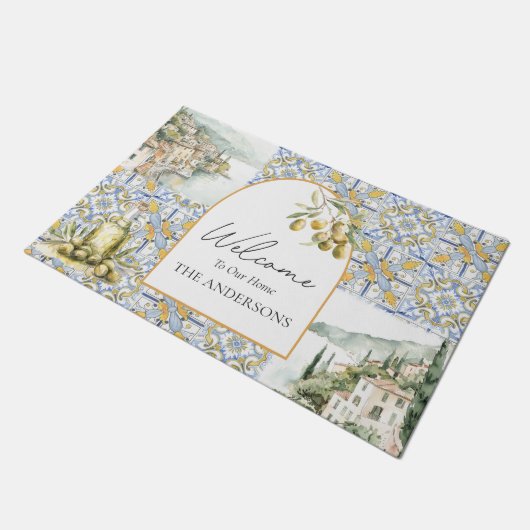 Paillasson Motif de carreaux bleu jaune Olive Méditerranée (Incliné)