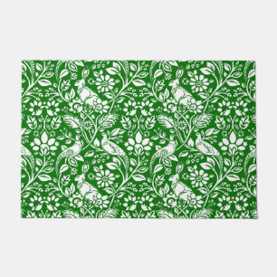 Paillasson Motif de faisan et lièvre, vert émeraude et blanc